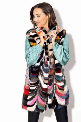 multicolor sectioned mink fur vest with shawl collar