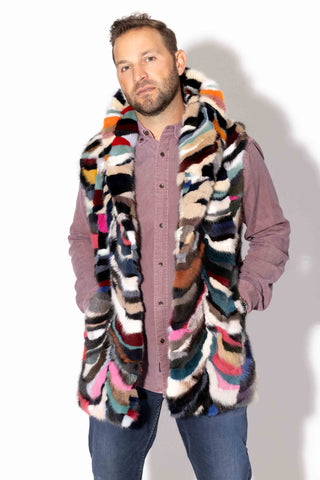 men's multicolor sectioned mink fur vest with shawl collar