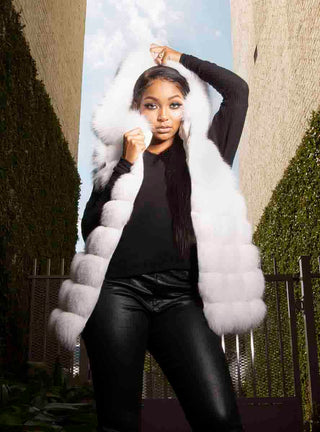 Horizontal Fox Fur Vest with Hood.