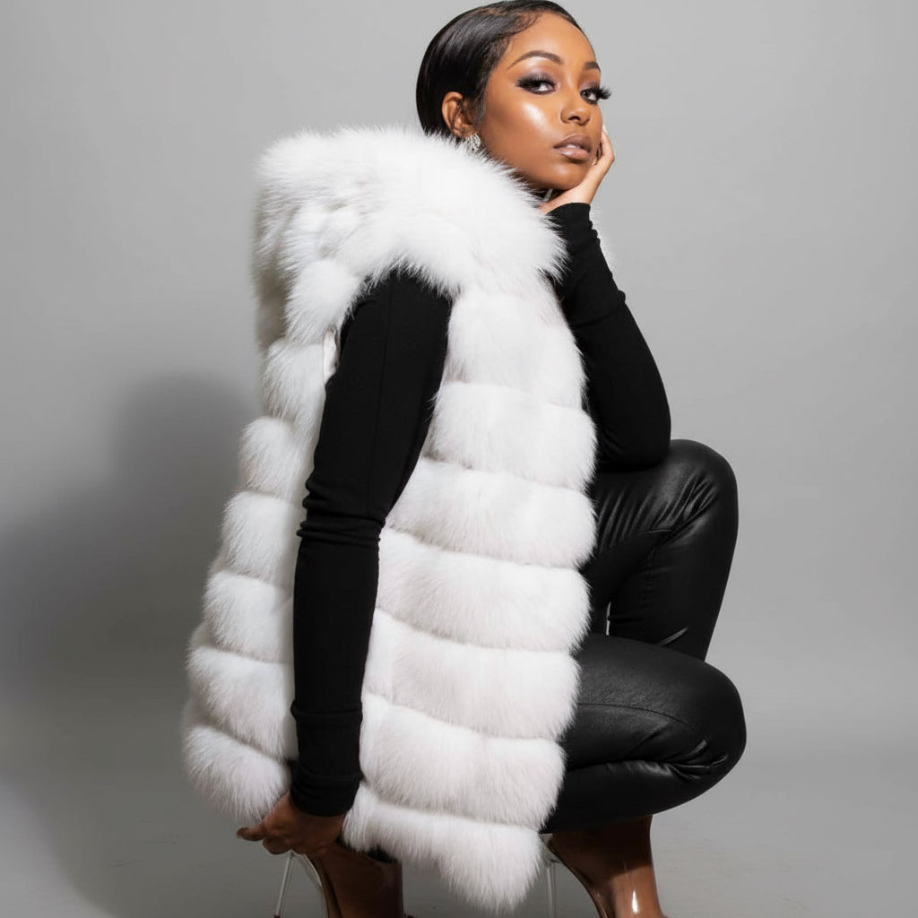 Horizontal Fox Fur Vest with Hood – Henig Furs