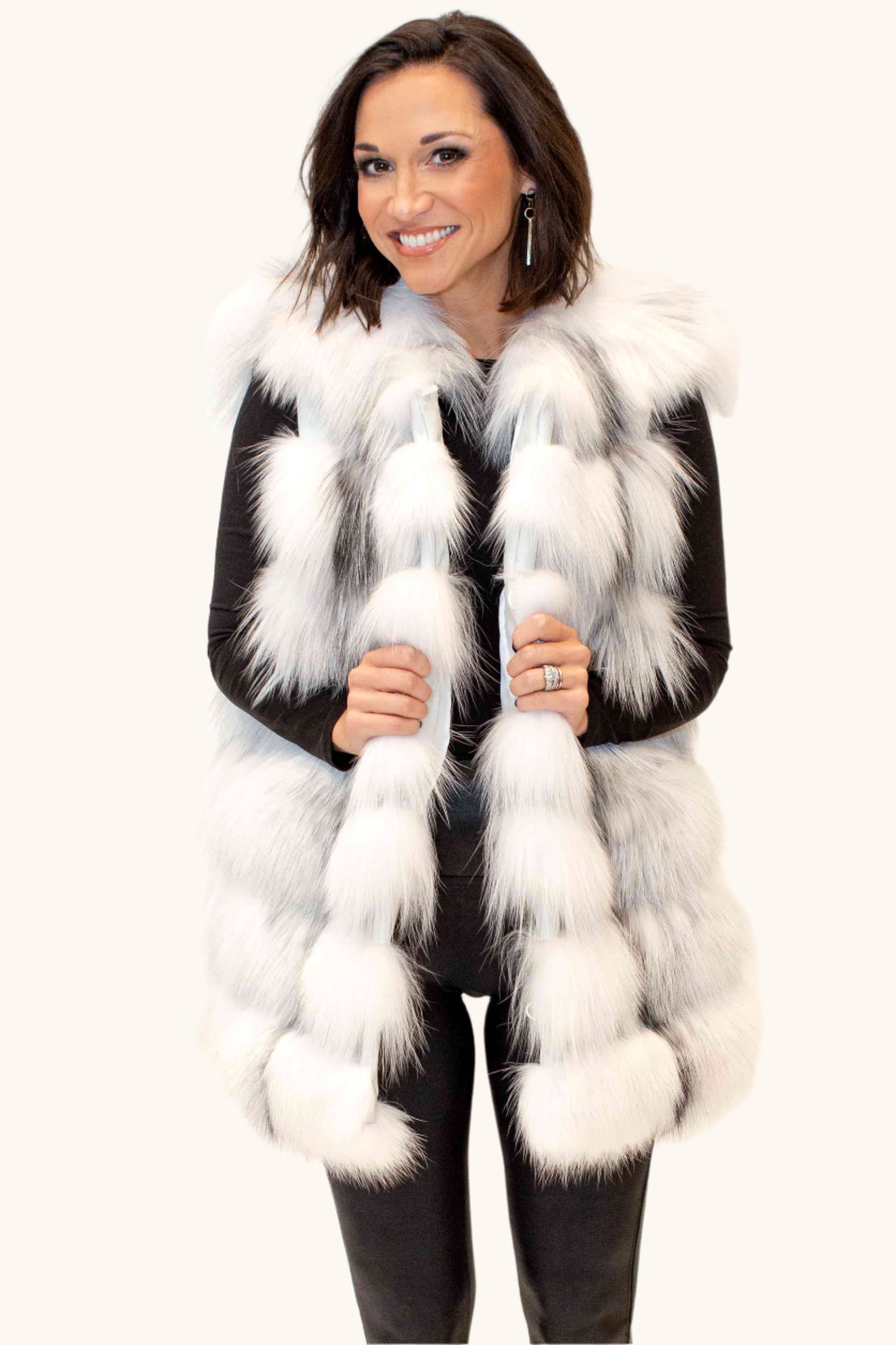 Fur Vest White Fox Fur Collar Fox Fur Vest With Horizontal Pattern