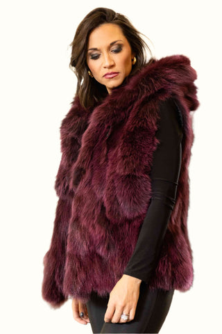 plum sectioned fox fur vest with hood