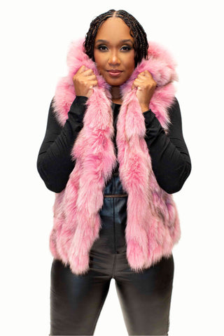 pink sectioned fox fur vest with hood