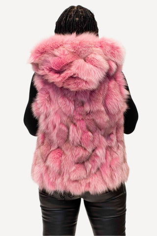 pink sectioned fox fur vest with hood