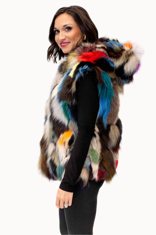 multicolor sectioned fox fur vest with hood
