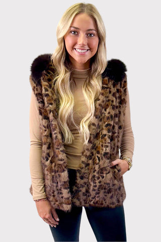 animal print sectioned mink fur vest with fox fur trim hood