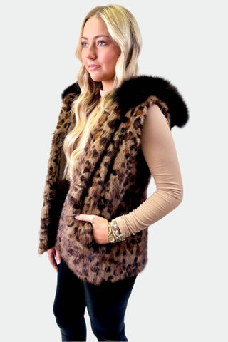 animal print sectioned mink fur vest with fox fur trim hood