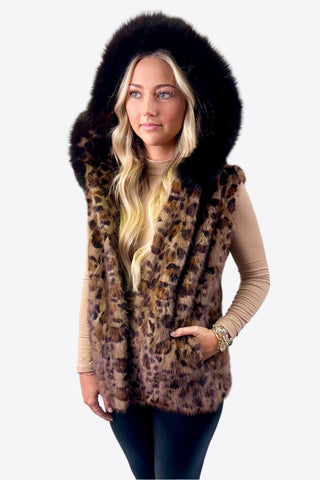 animal print mink fur vest with fox fur trim hood