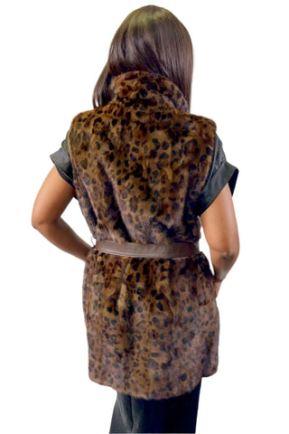 long sectioned animal print mink fur vest with detachable leather belt