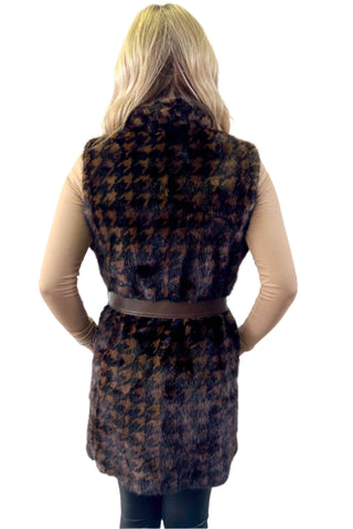 mahogany houndstooth long sectioned mink fur vest with detachable leather belt