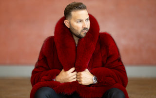 man wearing a custom-made red fox fur stroller
