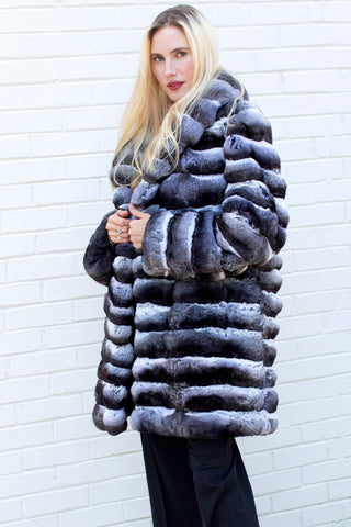 women's natural chinchilla fur stroller with horizontal pattern