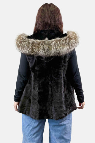ranch sectioned mink fur vest with silver fox fur trimmed hood & zip front