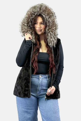 ranch sectioned mink fur vest with silver fox fur trimmed hood & zip front