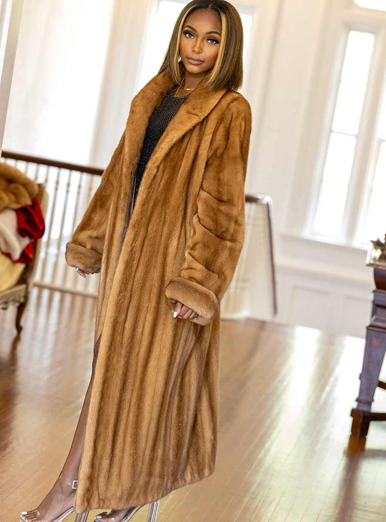 Very Finest Whisky Full Length Mink Fur Coat with Shawl Collar & Rollback Cuffs