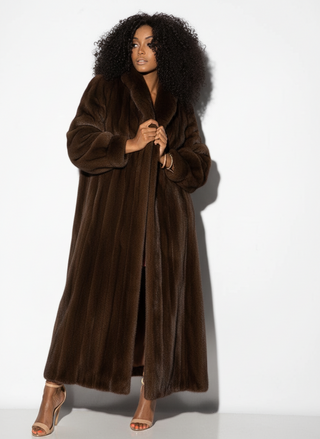 Demi Buff Full Sweep Mink Fur Coat with Shawl Collar and Bracelet Cuffs.