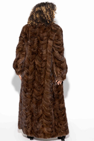 women's brown sectioned full length mink fur coat with shawl collar & bracelet cuffs