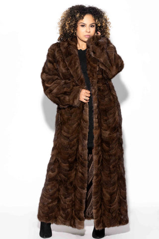 women's brown sectioned full length mink fur coat with shawl collar & bracelet cuffs