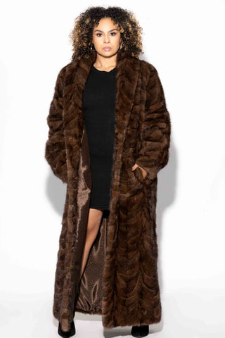 women's brown sectioned full length mink fur coat with shawl collar & bracelet cuffs