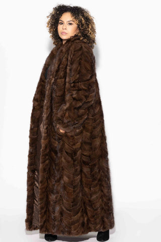 women's brown sectioned full length mink fur coat with shawl collar & bracelet cuffs