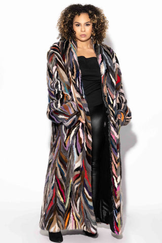 women's multicolor full length sectioned mink fur coat with shawl collar & bracelet cuffs