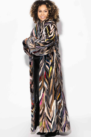 women's multicolor full length sectioned mink fur coat with shawl collar & bracelet cuffs
