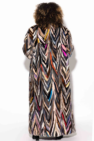women's multicolor full length sectioned mink fur coat with shawl collar & bracelet cuffs