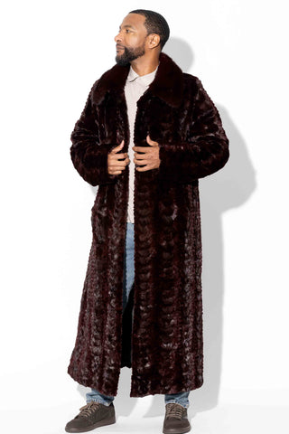 men's burgundy sheared sectioned mink fur coat with full fur collar