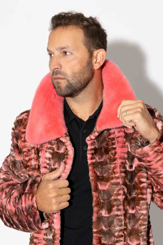 men's pink sheared sectioned mink fur coat with full fur collar