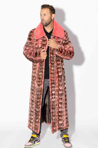 men's pink sheared sectioned mink fur coat with full fur collar