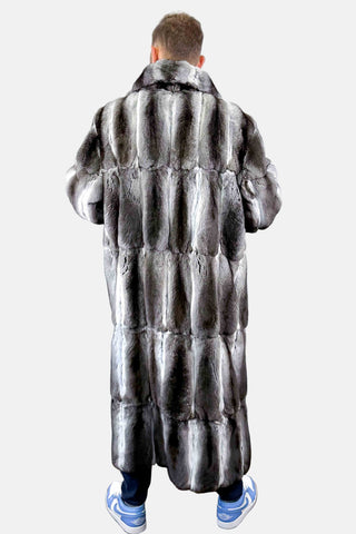 full length skin on skin chinchilla fur coat with notch collar and straight sleeves