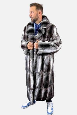 full length skin on skin chinchilla fur coat with notch collar and straight sleeves