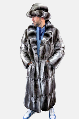 full length skin on skin chinchilla fur coat with notch collar and straight sleeves