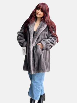 blue iris female mink fur stroller with shawl collar & bracelet cuffs