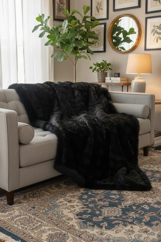 Ranch sectioned mink fur blanket with black fox fur trim