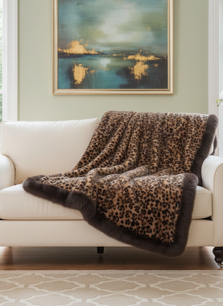 Leopard print sectioned mink fur blanket with brown fox fur trim