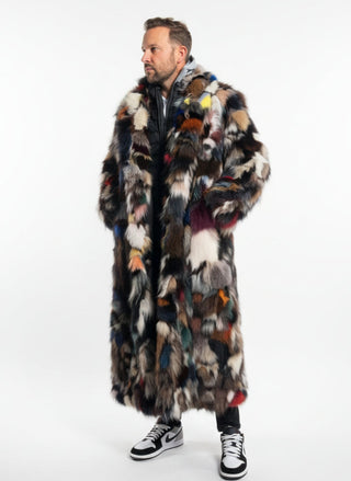 men's full length sectioned fox fur coat with shawl collar