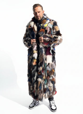 men's full length multicolor sectioned fox fur coat with shawl collar