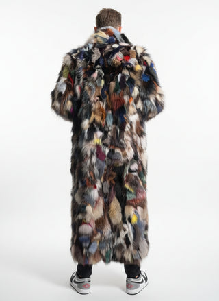 men's full length sectioned fox fur coat with shawl collar