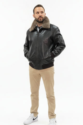 men's leather bomber jacket with detachable shearling collar