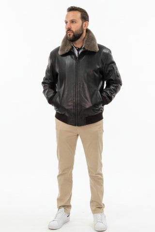 men's leather bomber jacket with detachable shearling collar