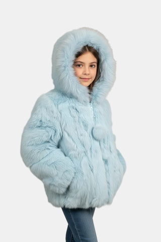 baby blue rabbit fur jacket with hood & zip front