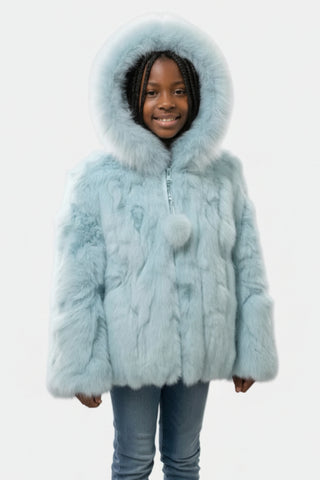baby blue rabbit fur jacket with hood and zip front
