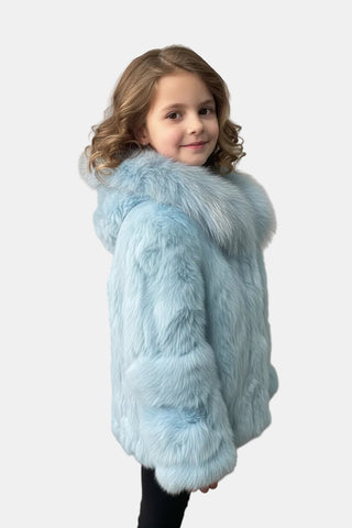 baby blue rabbit fur jacket with hood & zip front