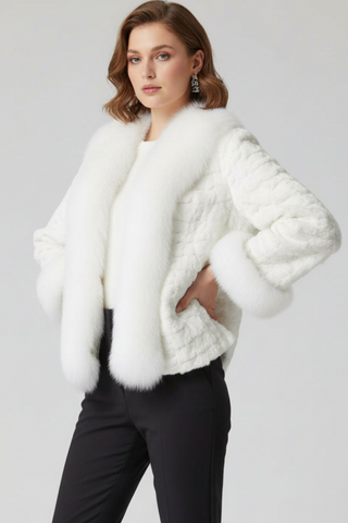 white sheared sectioned mink fur jacket with fox fur tux and cuffs