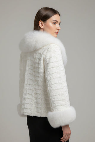 back of white sheared sectioned mink fur jacket with fox fur tux and cuffs