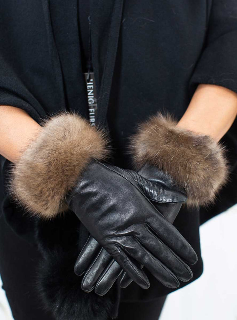 Black Lamb Leather Gloves with Sable Fur Trim
