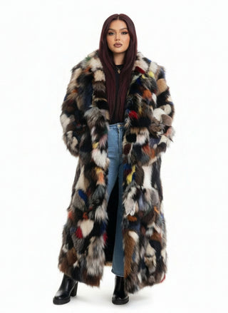 women's full length sectioned fox fur coat with shawl collar