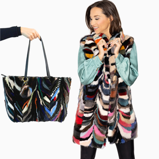 lady holding a multicolor mink fur purse, and a lady wearing a multicolor mink fur vest - both have been crafted from a multicolor full length mink fur coat