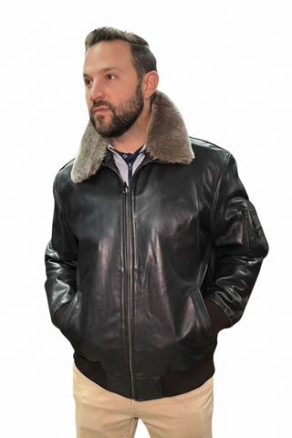 men's leather bomber jacket with detachable shearling collar
